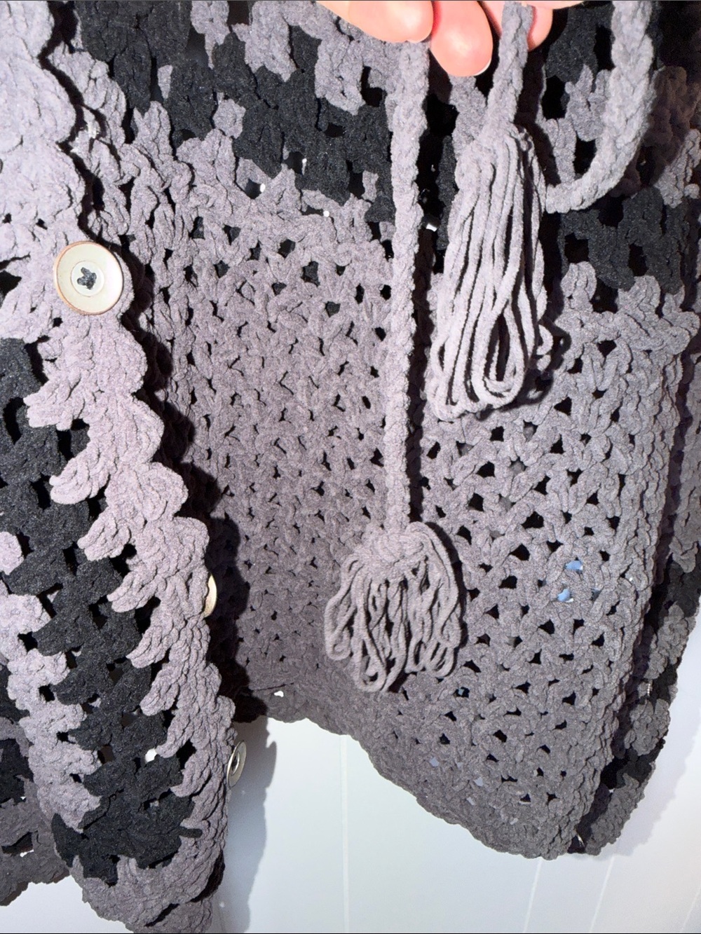 POL Charcoal Crochet Button‑Front Cardigan Sweater Knit Squares Size L - Picture 6 of 13